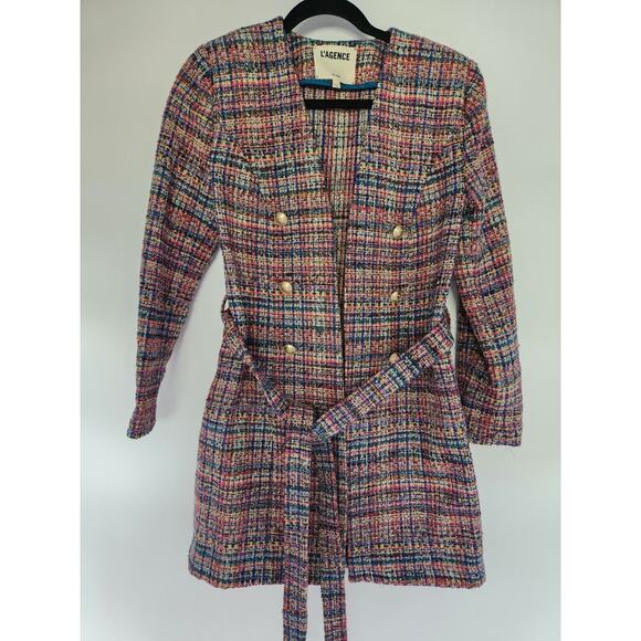 L'AGENCE Zuri Tweed Belted Jacket Size 4 Pink Multi #1G506 - Picture 6 of 13